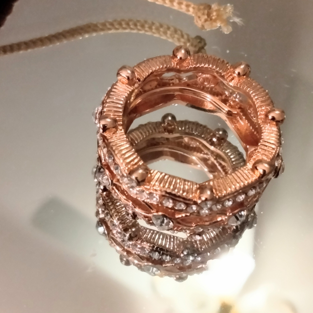 Ring Cocktail Eternity Rose Gold Pave Vermeil Two Rows Crystal - Picture 3 of 11